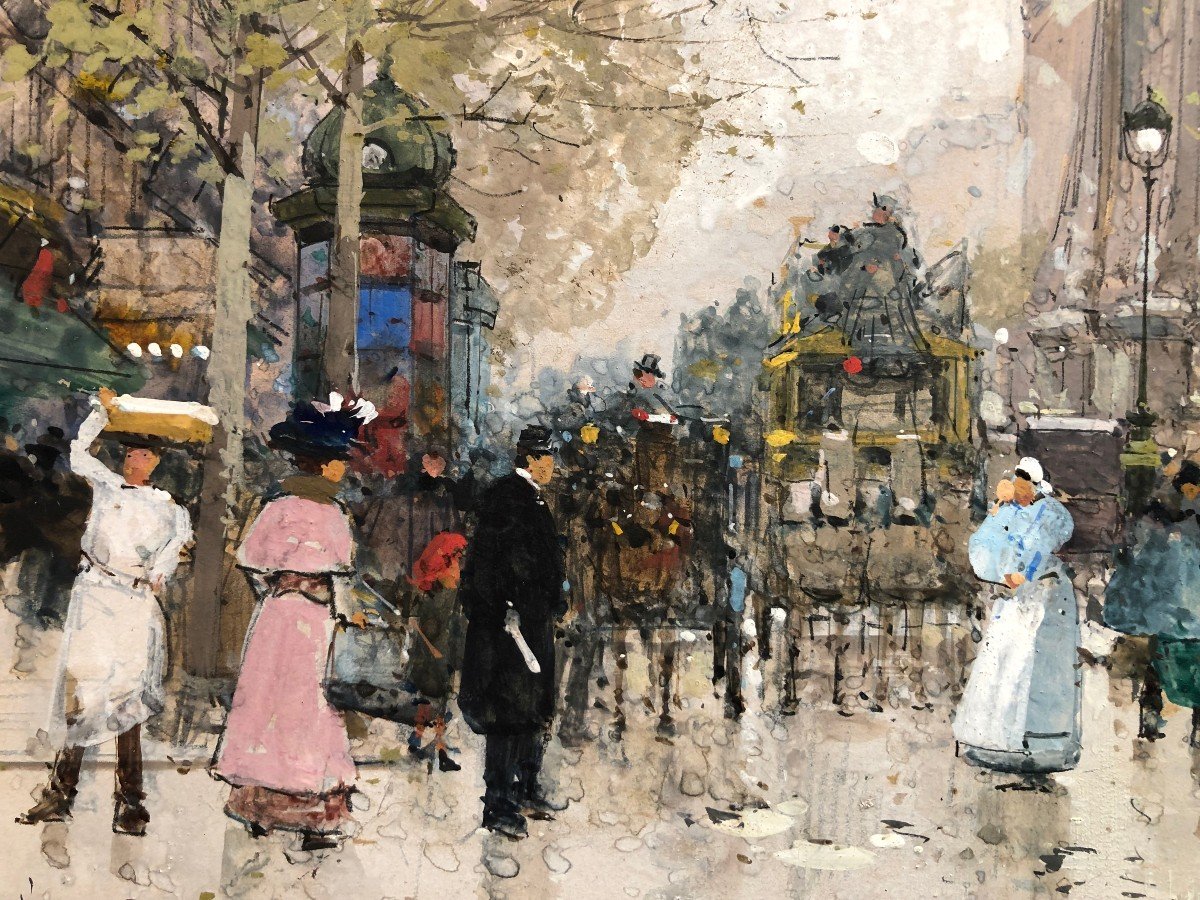 Galien Laloue Eugène Peinture Française 20è Paris Animation sur les Grands Boulevards Gouache Signée-photo-3