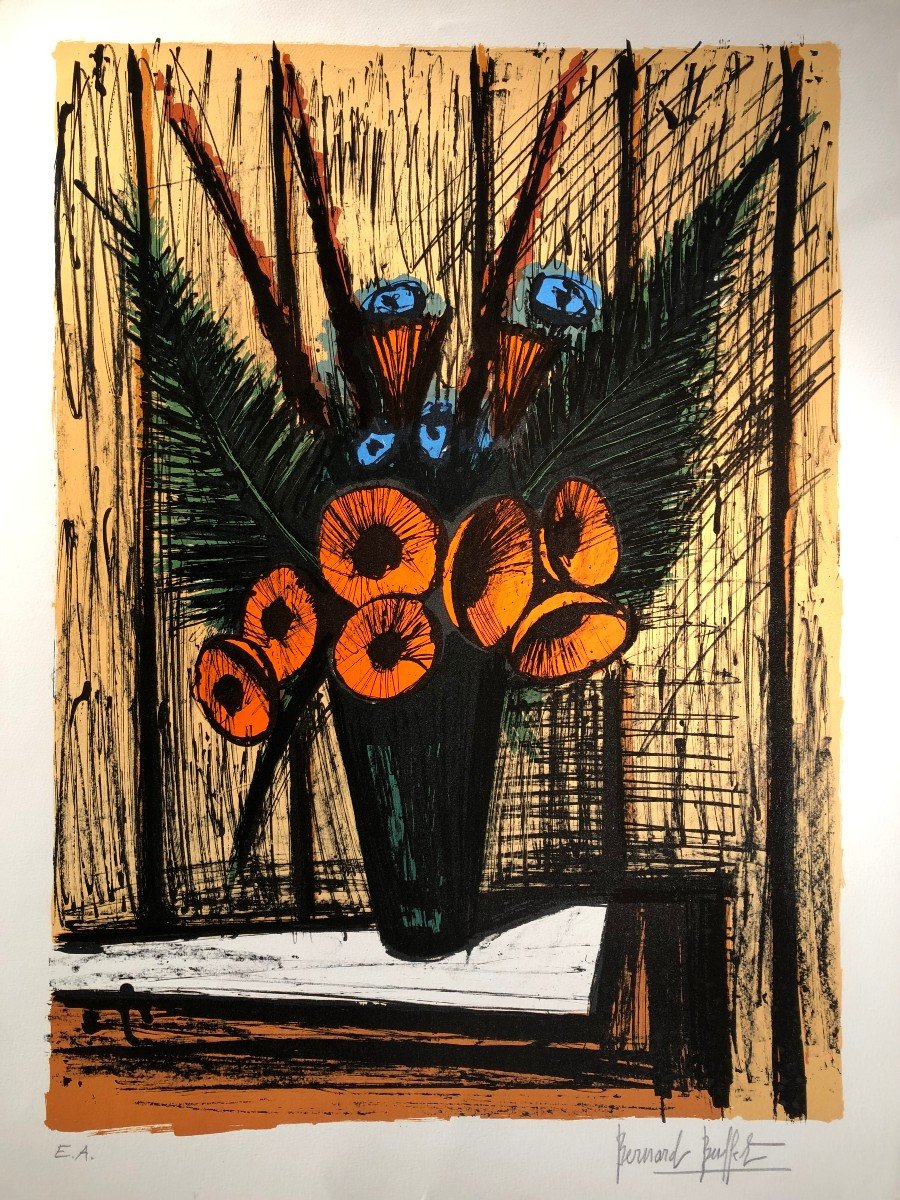 Buffet Bernard Nature Morte Au Vase De Coquelicots Et Anémones Lithographie Couleurs Justifiée-photo-2