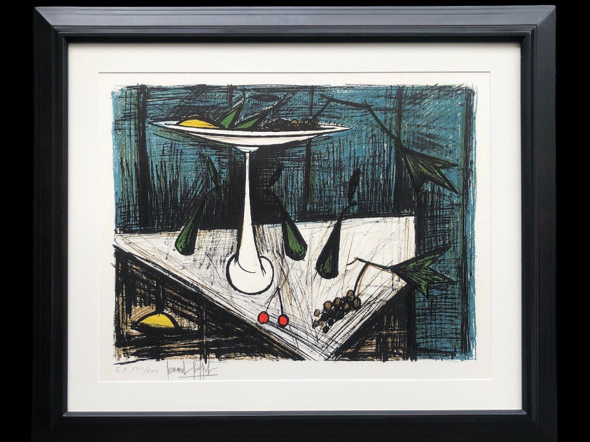 Buffet Bernard Still Life With A Bowl Of Fruit Midnight Blue Background Lithography Colors Justified