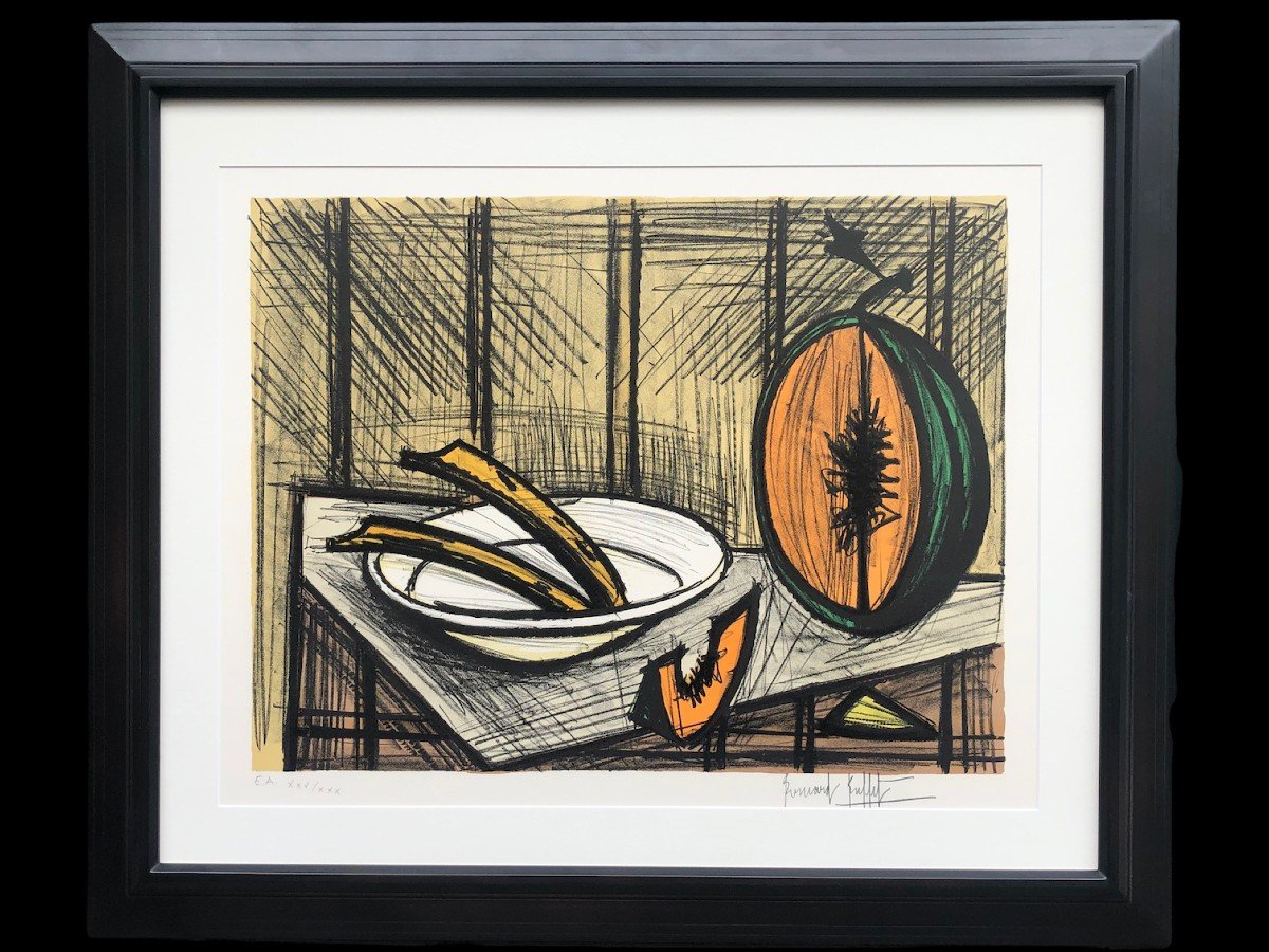 Buffet Bernard Nature Morte Au Melon Et à l'Assiette Lithographie Couleurs Justifiée