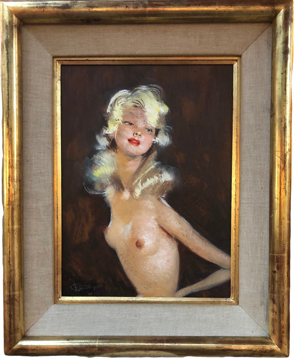 Domergue Jg Tableau XXè Siècle Peinture Mondaine Jolie Blonde En Buste Huile Sur Isorel Signée-photo-2