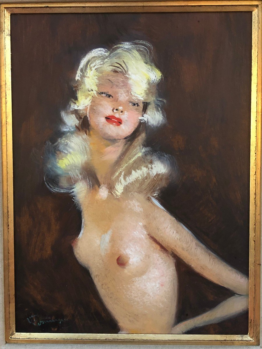 Domergue Jg Tableau XXè Siècle Peinture Mondaine Jolie Blonde En Buste Huile Sur Isorel Signée-photo-4