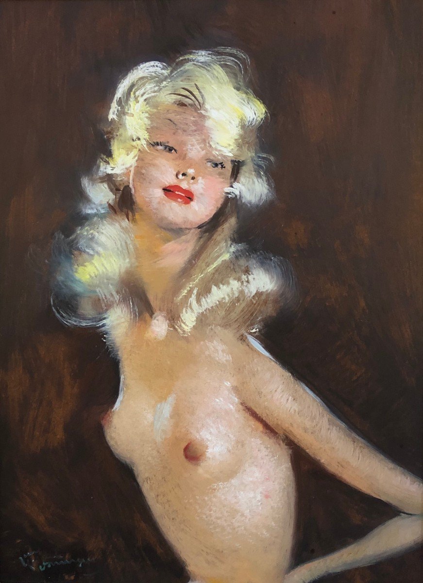 Domergue Jg Tableau XXè Siècle Peinture Mondaine Jolie Blonde En Buste Huile Sur Isorel Signée-photo-1