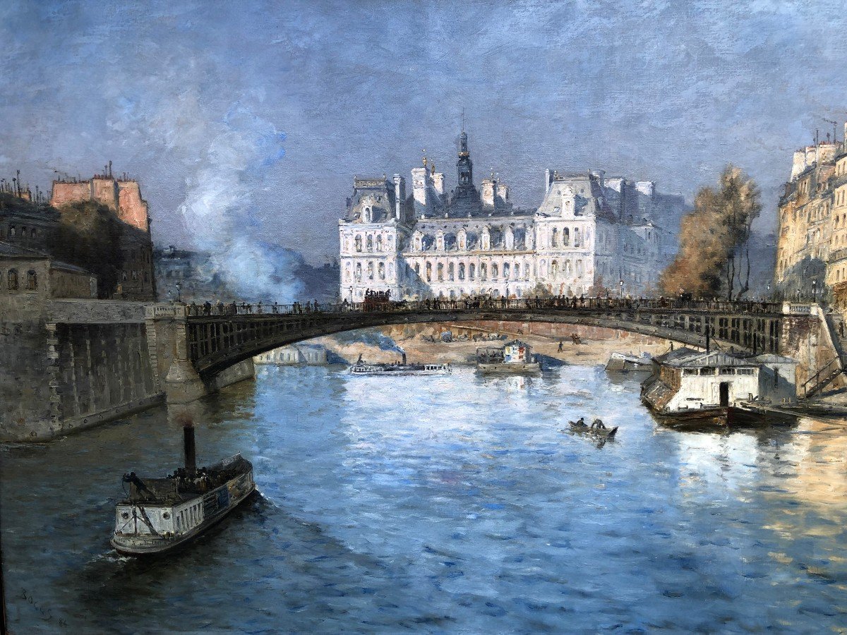 Frank Boggs Ecole Américaine Paris l'Hôtel De Ville Vu Du Pont d'Arcole Huile Sur Toile Signée-photo-2