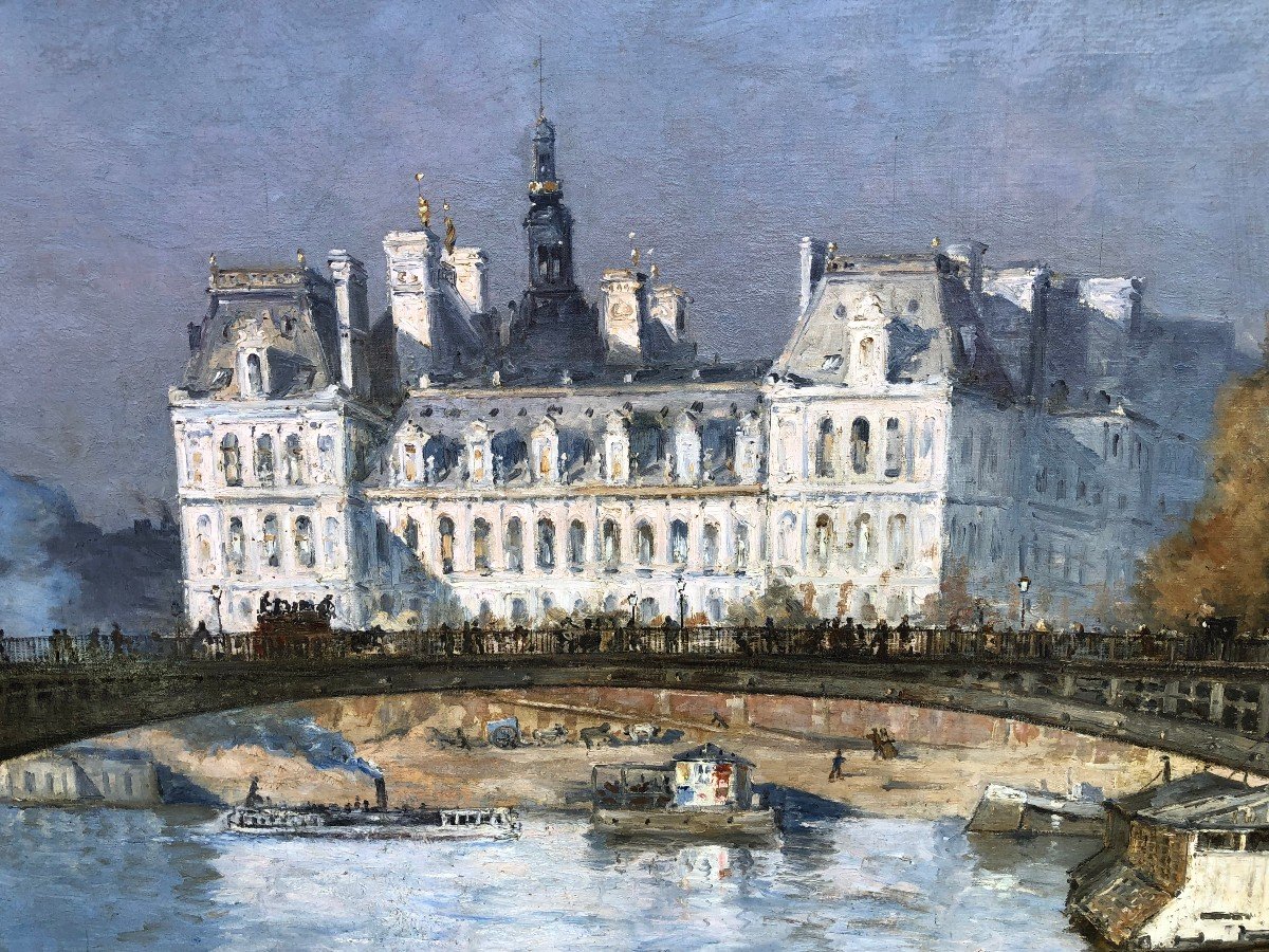 Frank Boggs Ecole Américaine Paris l'Hôtel De Ville Vu Du Pont d'Arcole Huile Sur Toile Signée-photo-3