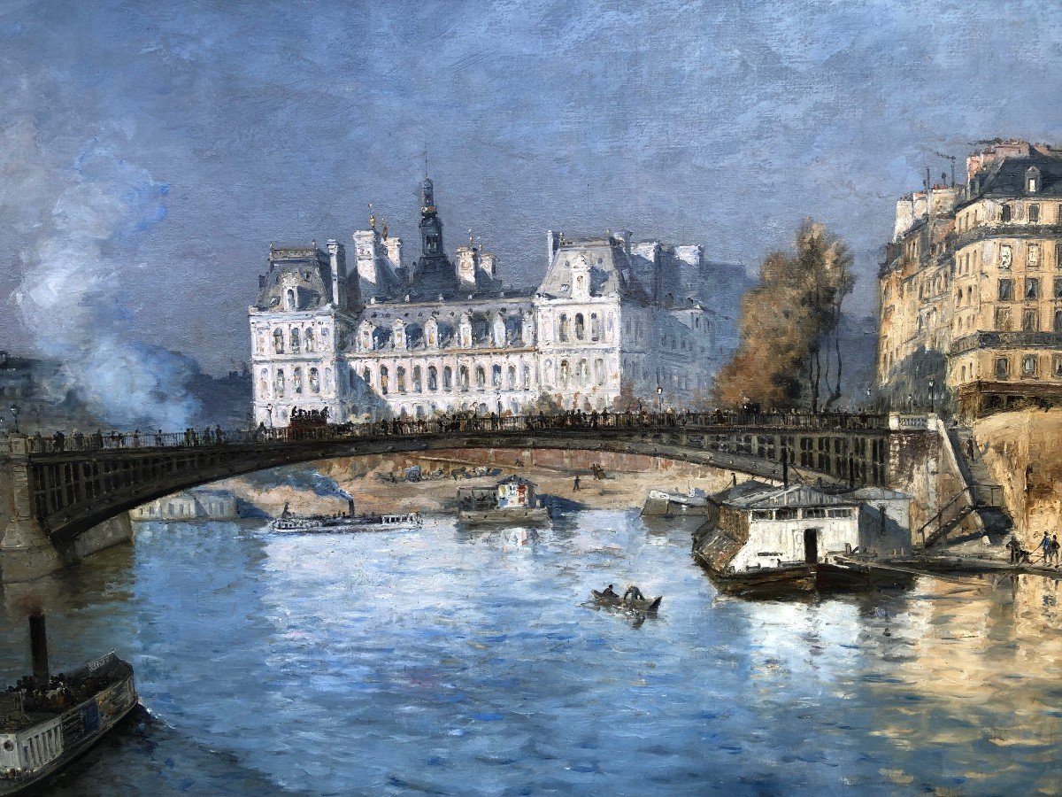 Frank Boggs Ecole Américaine Paris l'Hôtel De Ville Vu Du Pont d'Arcole Huile Sur Toile Signée-photo-4