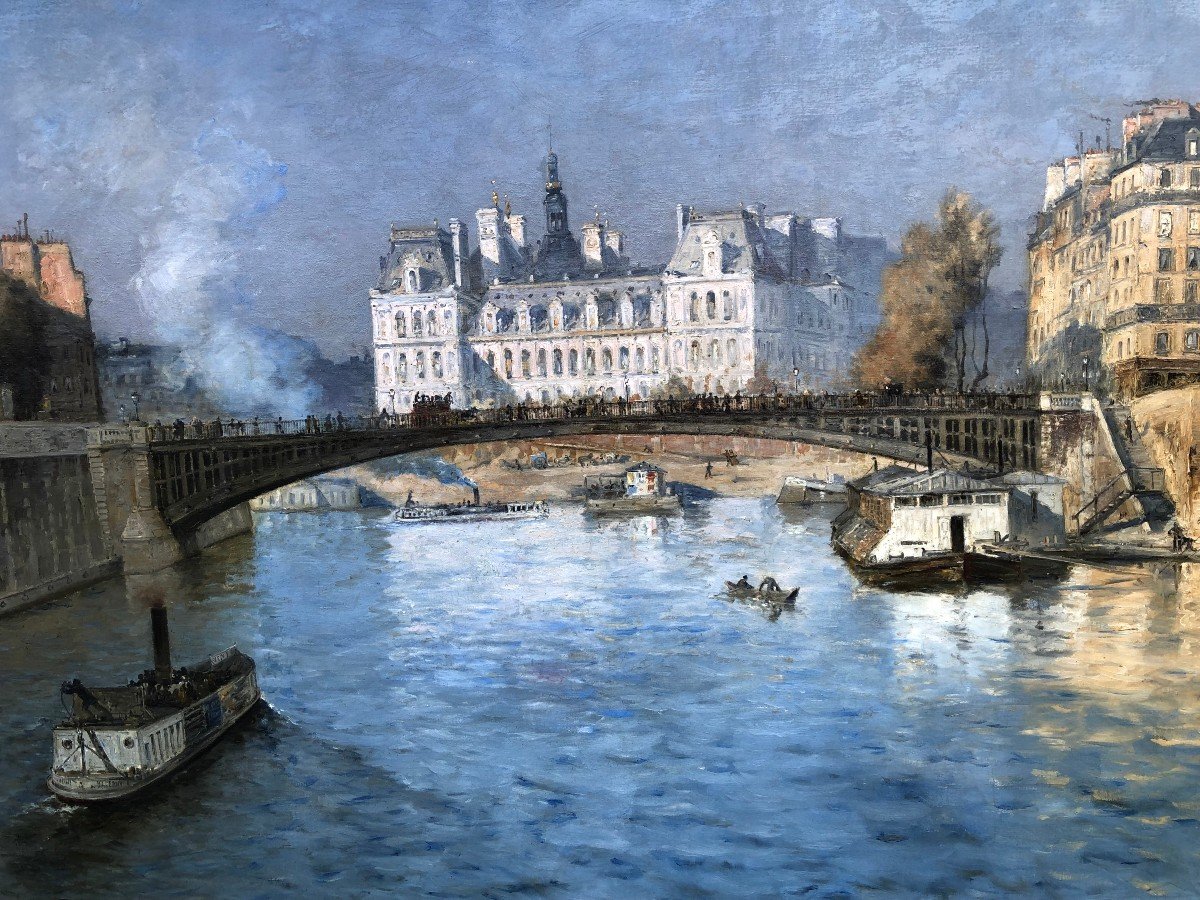 Frank Boggs American School Paris City Hall Seen From The Pont d'Arcole Oil On Canvas Signed-photo-7