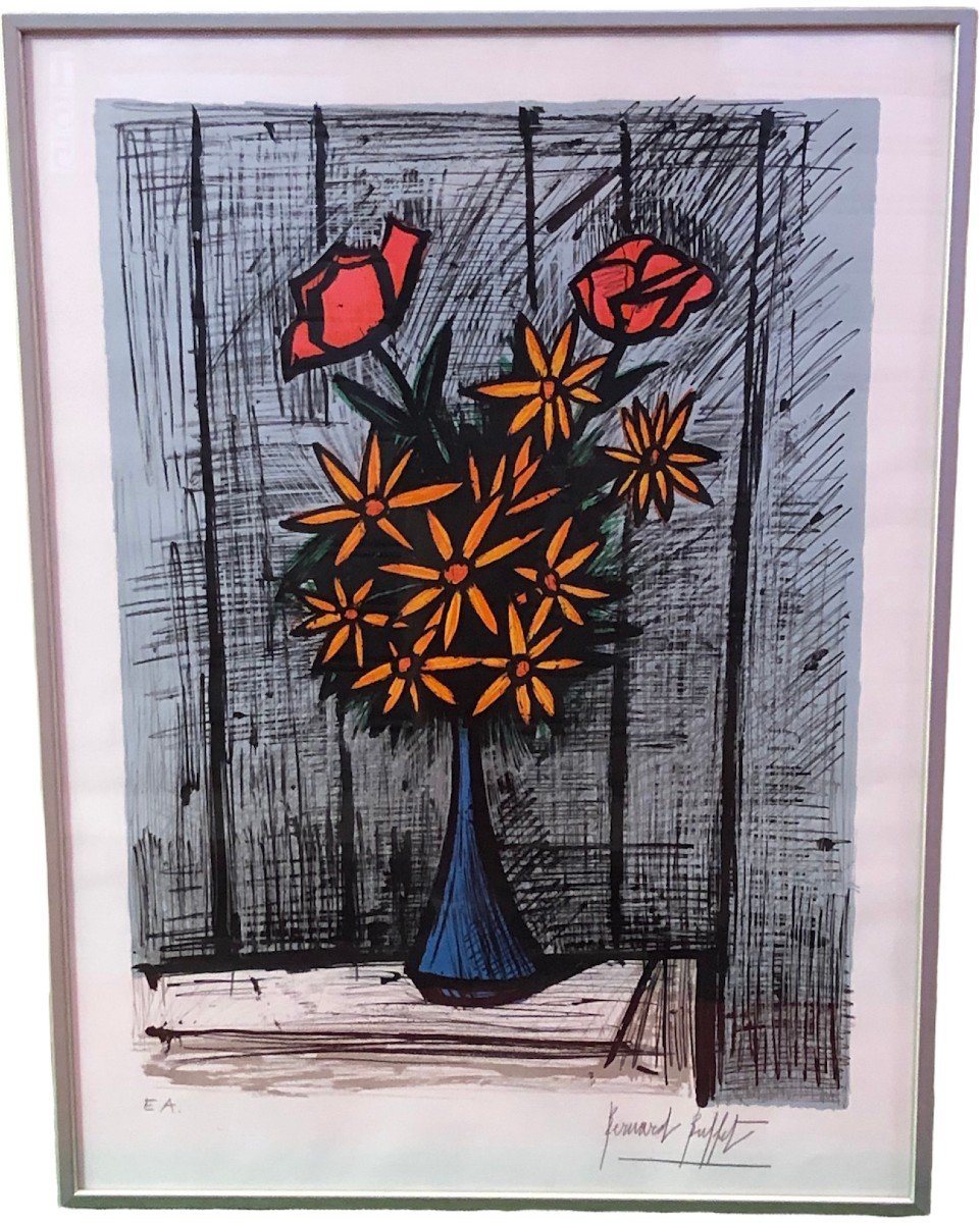 Buffet Bernard Still Life With Daisies And Roses Justified Color Lithograph-photo-2