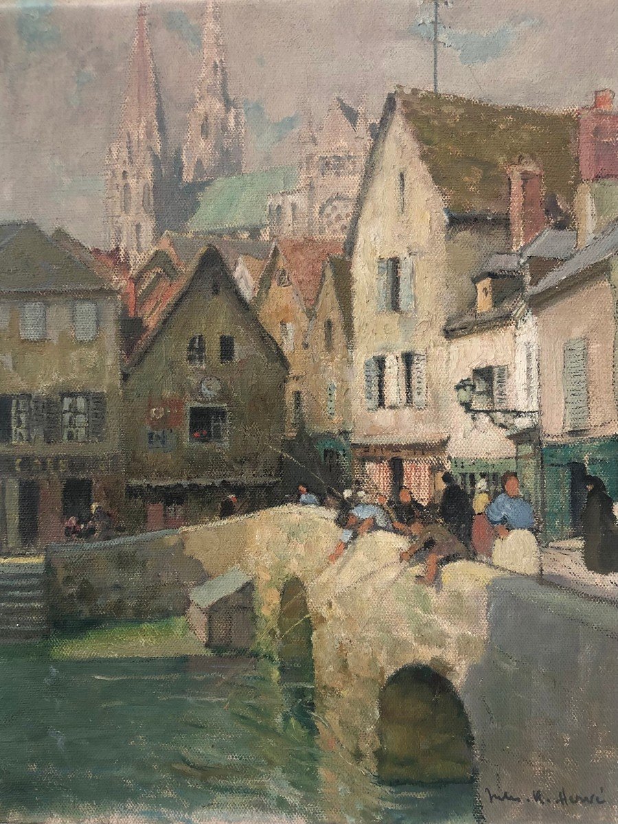 Herve Jules Painting 20th Century Le Pont Boujou Chartres Cathedral Oil On Canvas Signed-photo-2