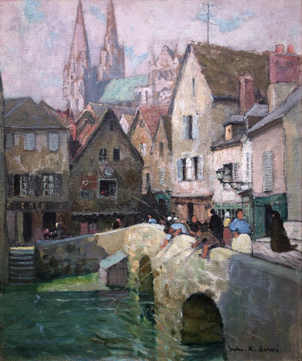 Herve Jules Painting 20th Century Le Pont Boujou Chartres Cathedral Oil On Canvas Signed-photo-3
