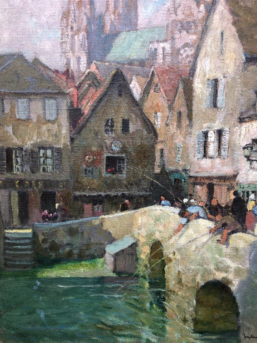 Herve Jules Painting 20th Century Le Pont Boujou Chartres Cathedral Oil On Canvas Signed-photo-2