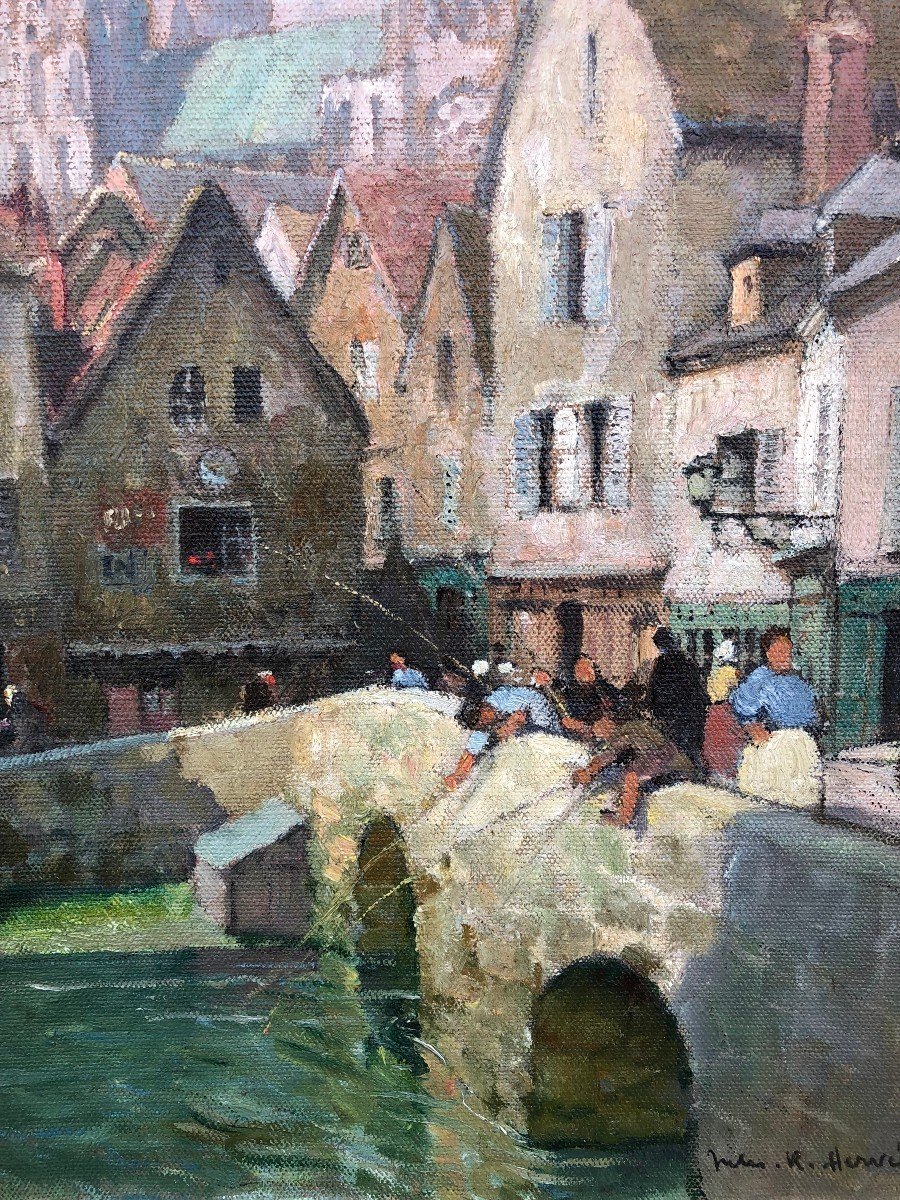 Herve Jules Painting 20th Century Le Pont Boujou Chartres Cathedral Oil On Canvas Signed-photo-5