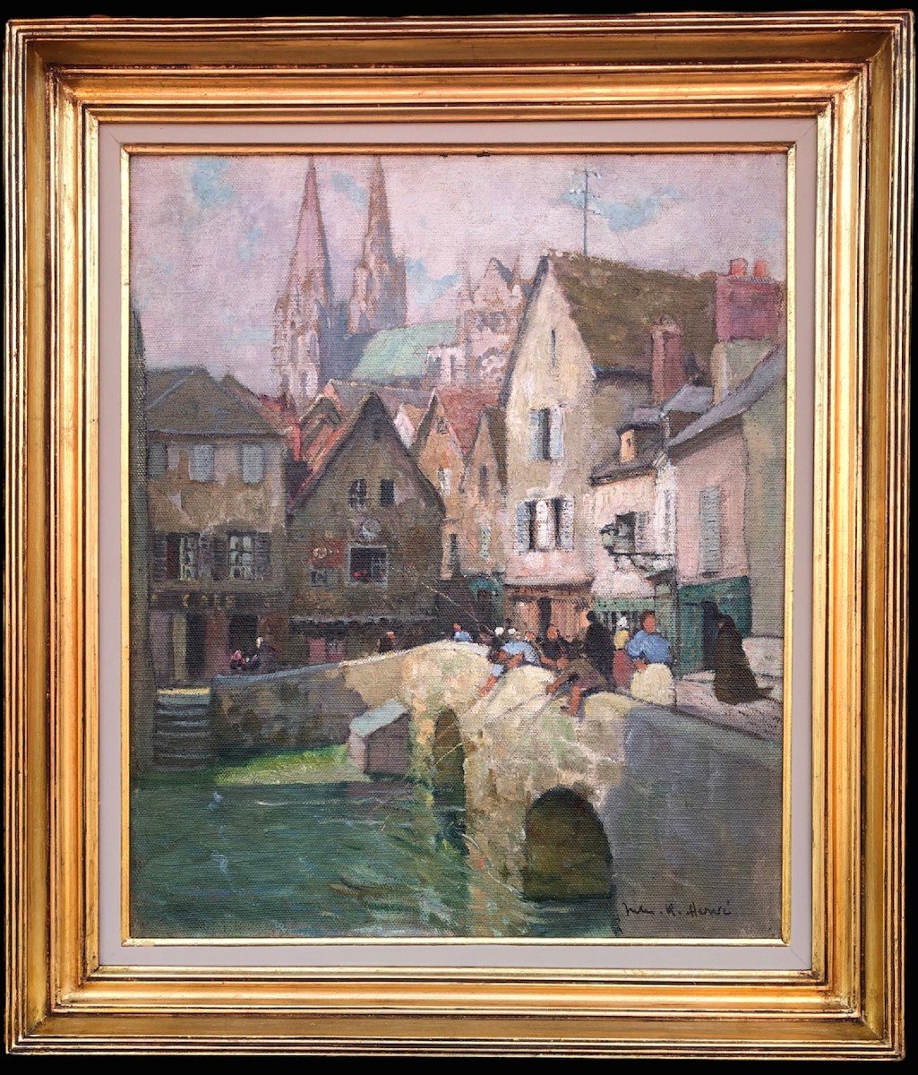 Herve Jules Painting 20th Century Le Pont Boujou Chartres Cathedral Oil On Canvas Signed