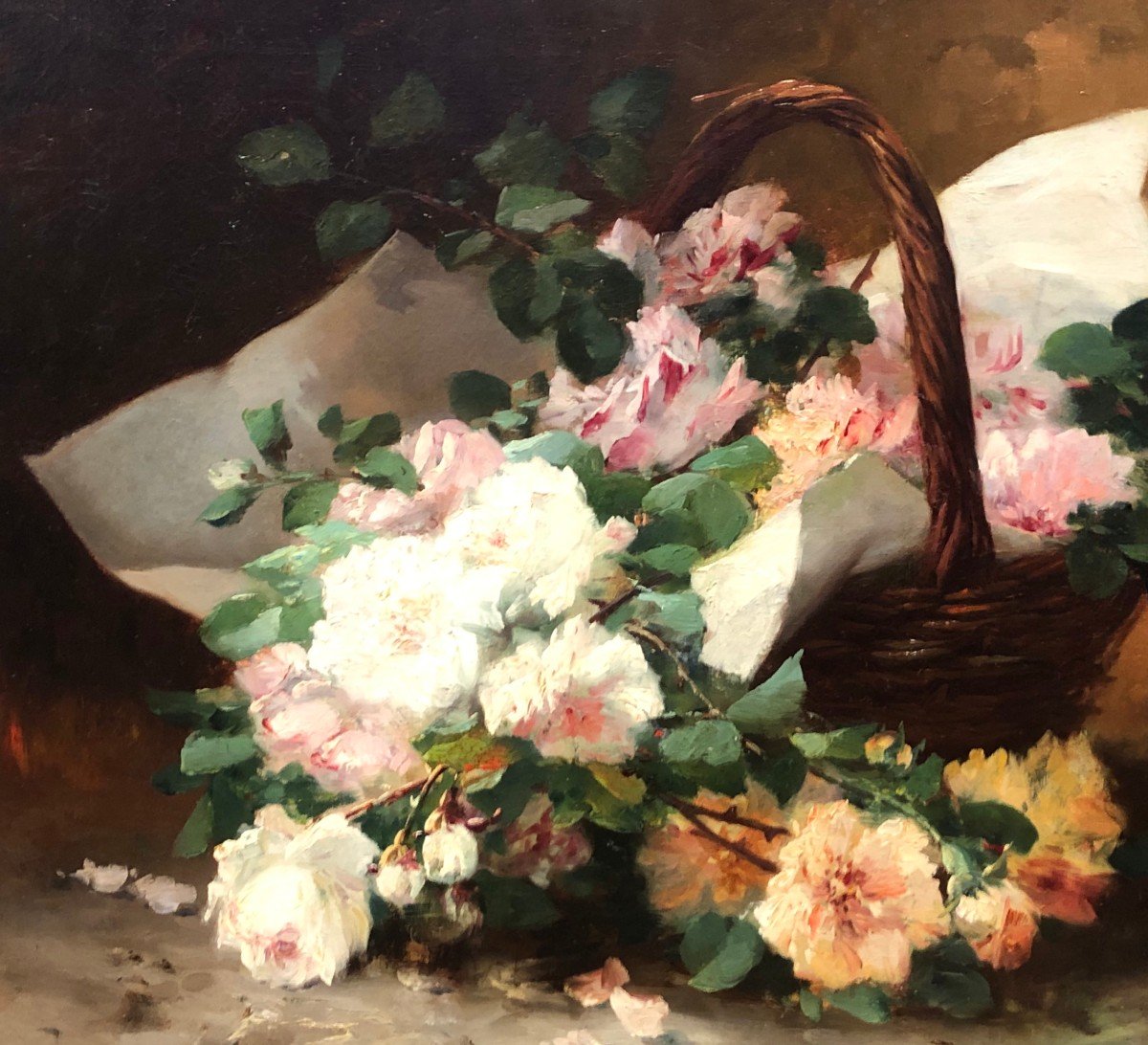 Cauchoix Eugène Bouquet De Roses Dans Un Panier Huile Sur Toile Signée ​​​​​​​Certificat -photo-4