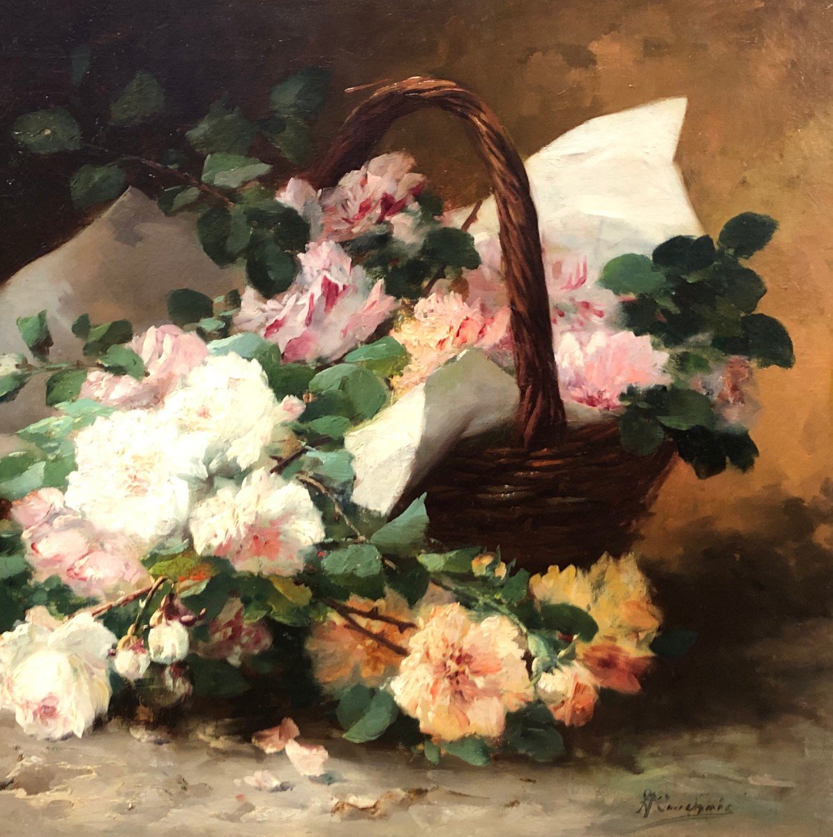 Cauchoix Eugène Bouquet De Roses Dans Un Panier Huile Sur Toile Signée ​​​​​​​Certificat -photo-1
