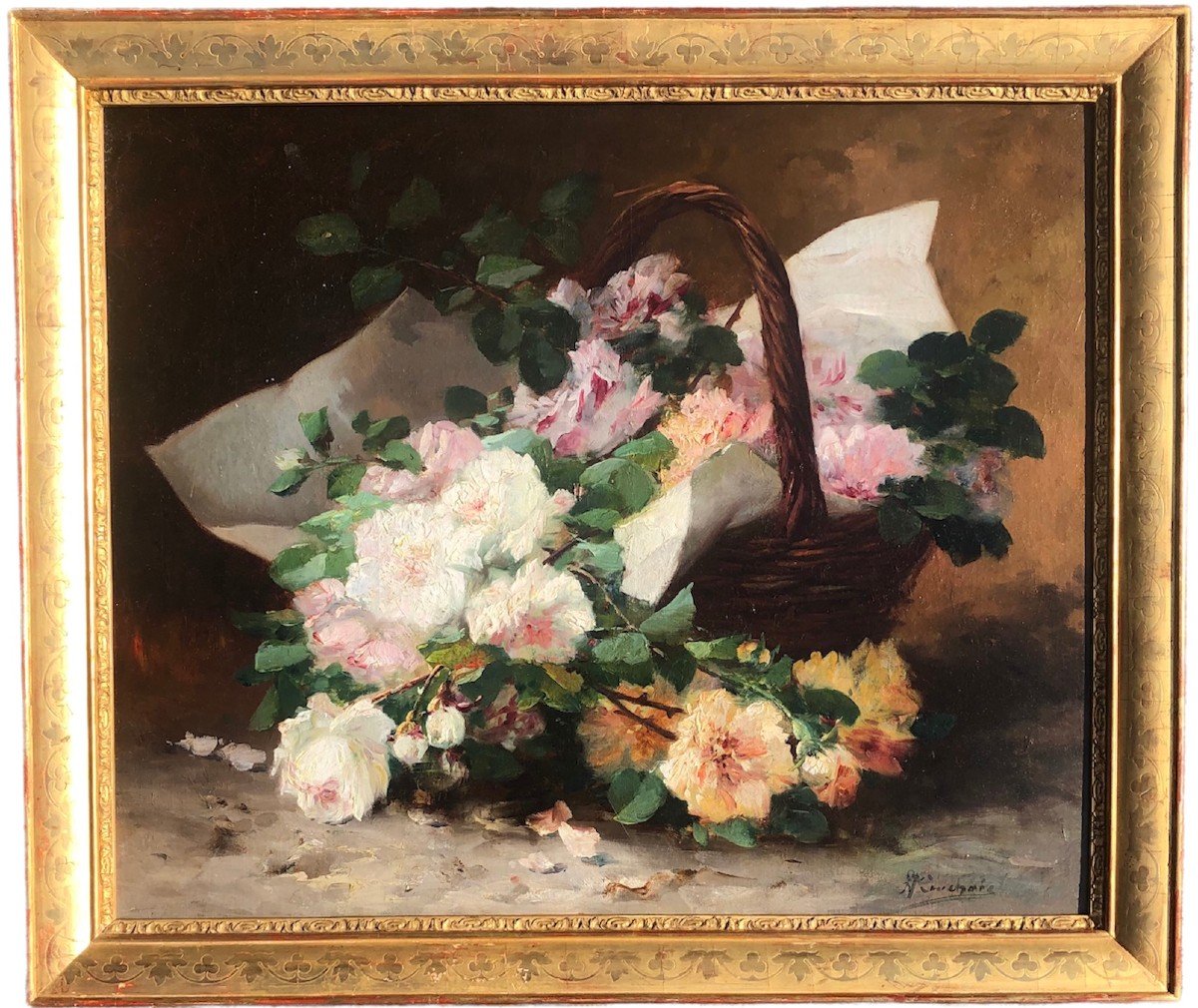 Cauchoix Eugène Bouquet De Roses Dans Un Panier Huile Sur Toile Signée ​​​​​​​Certificat 