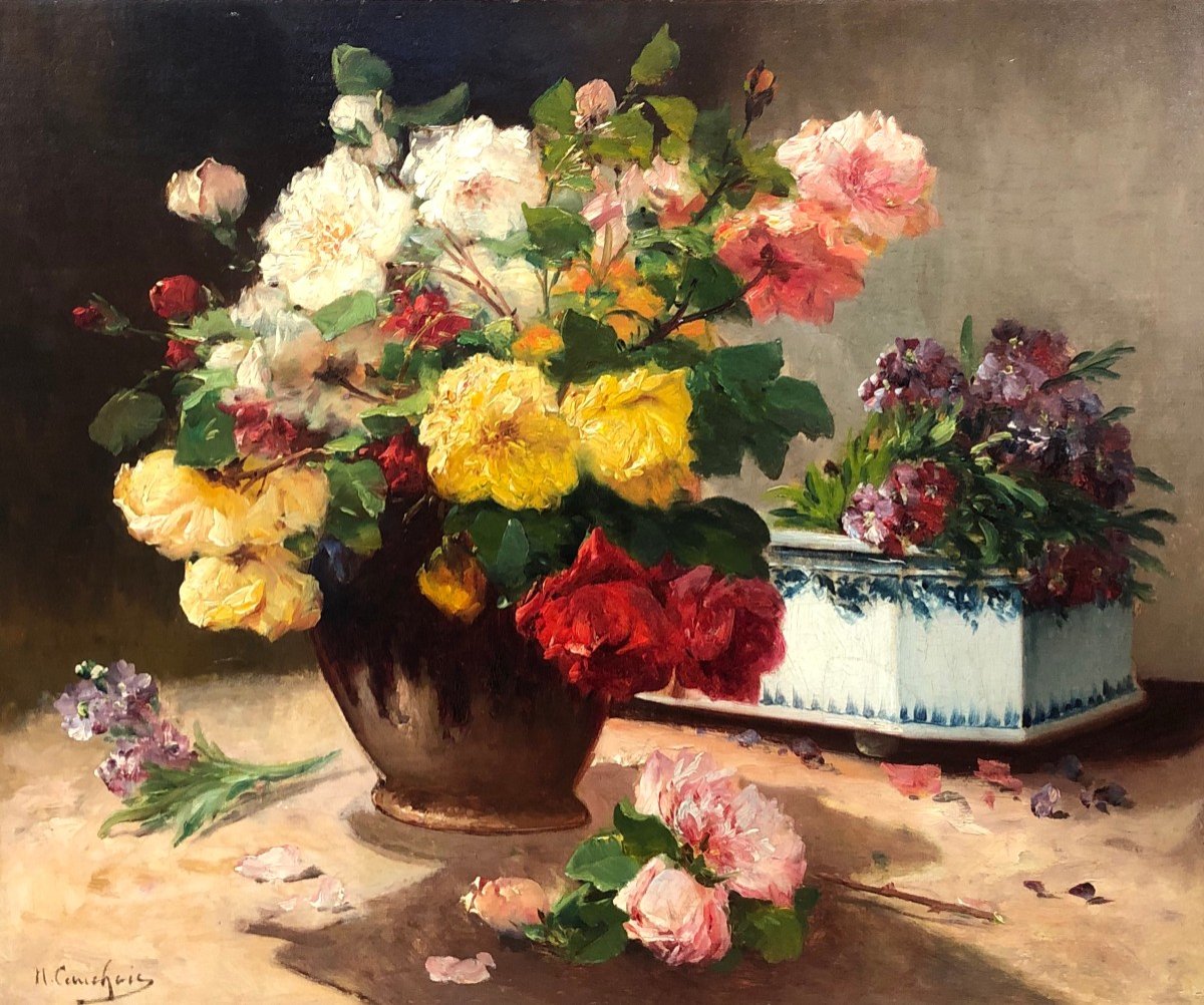 Cauchoix Eugène Bunch Of Roses And Its Planter Oil On Canvas Signed ​​​​​​​certificat -photo-2