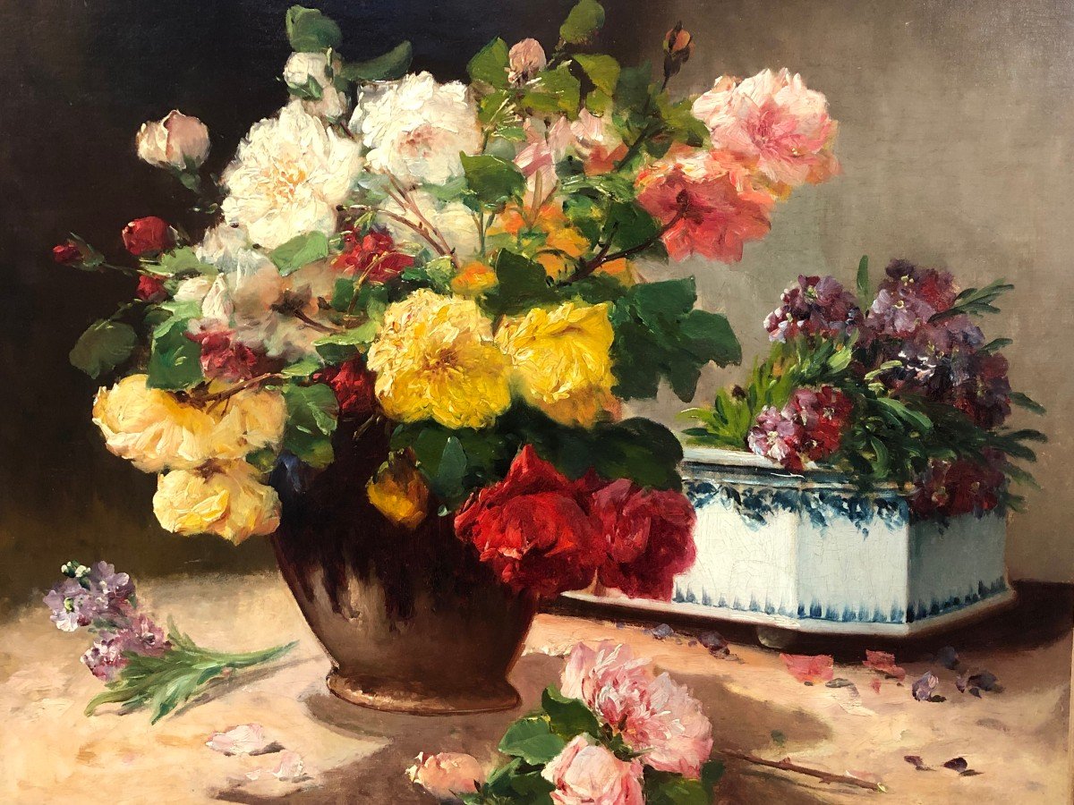 Cauchoix Eugène Bunch Of Roses And Its Planter Oil On Canvas Signed ​​​​​​​certificat -photo-3