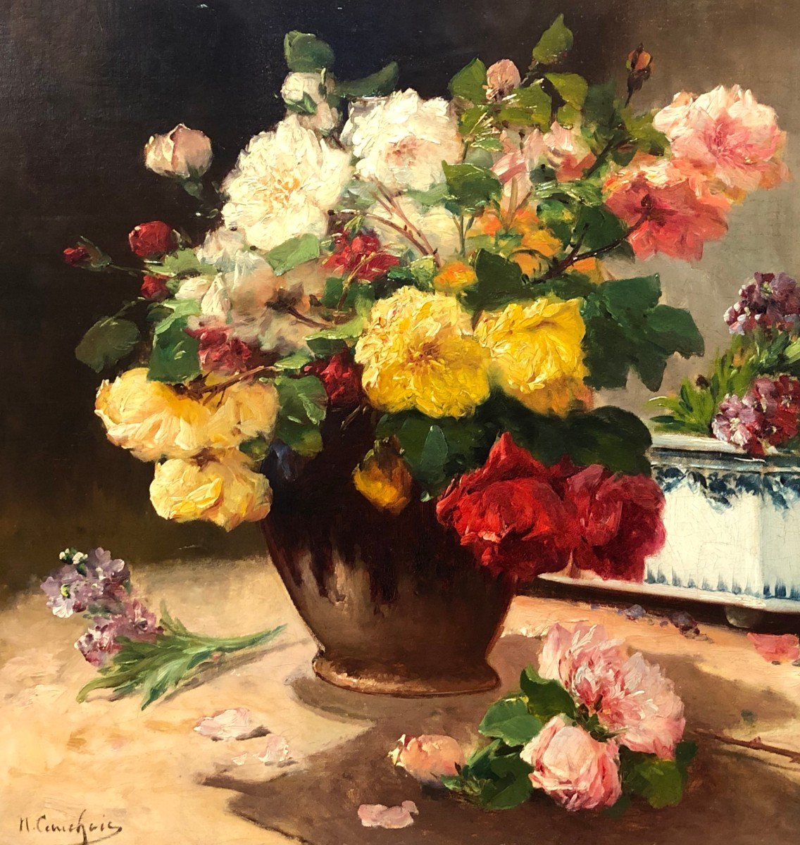 Cauchoix Eugène Bunch Of Roses And Its Planter Oil On Canvas Signed ​​​​​​​certificat -photo-4