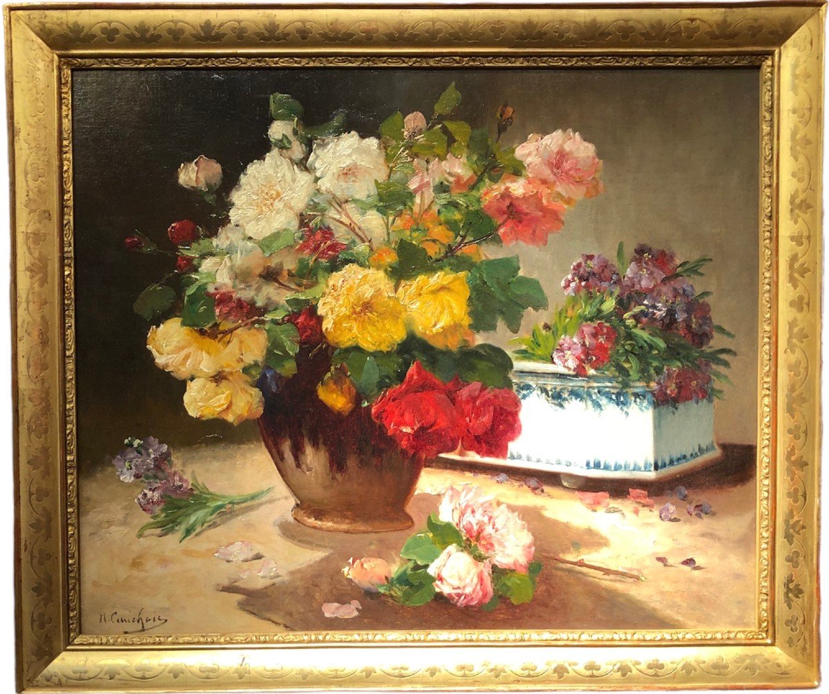 Cauchoix Eugène Bunch Of Roses And Its Planter Oil On Canvas Signed ​​​​​​​certificat -photo-3