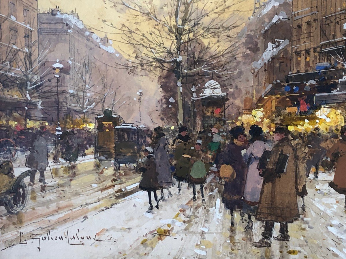 Galien Laloue Painting 20th Paris Animation Gymnase Theater Grands Boulevards Gouache Signed-photo-3