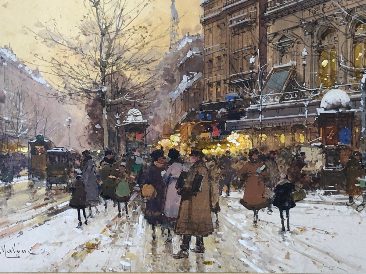 Galien Laloue Painting 20th Paris Animation Gymnase Theater Grands Boulevards Gouache Signed-photo-4