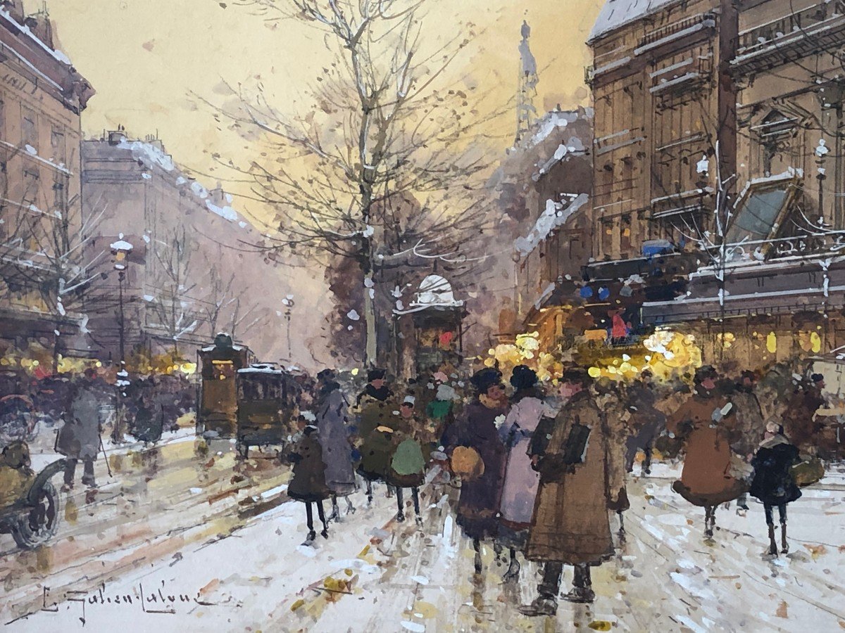 Galien Laloue Painting 20th Paris Animation Gymnase Theater Grands Boulevards Gouache Signed-photo-3