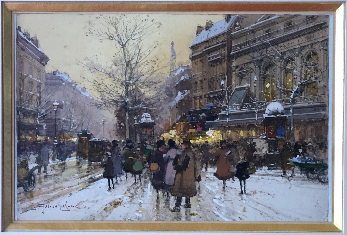 Galien Laloue Painting 20th Paris Animation Gymnase Theater Grands Boulevards Gouache Signed-photo-5