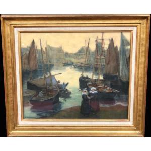 Barnoin Henri Old Painting Early 20th Brittany Return From Fishing To Concarneau Pastel Signed ​​​​​​​certificat