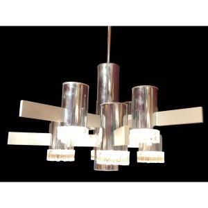 Starry Suspension In Brushed Steel And Chromed Metal With 8 Arms Of Light