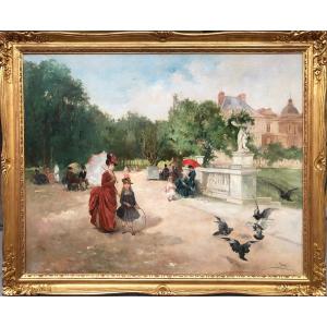 De Paredes Vincent Animation Au Jardin Du Luxembourg Huile Sur Toile Signée ​​​​​​​Certificat