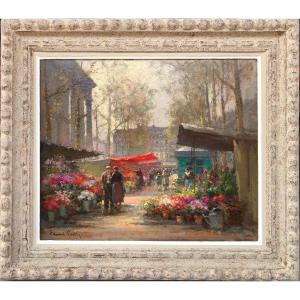 Cortes Edouard Peinture Française Le Marché Aux Fleurs De La Madeleine Huile Sur Panneau Signée