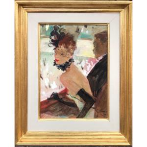 Domergue Jean Gabriel French Painting 20th Century La Loge Oil On Panel Signed Certificate