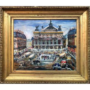 Genin Lucien French School Paris Animation Place De l'Opéra Oil On Canvas Signed Certificate