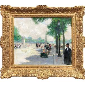 Herve Jules Impressionist Painting 20th Animation Champs Elysées Oil Canvas Signed Certificate