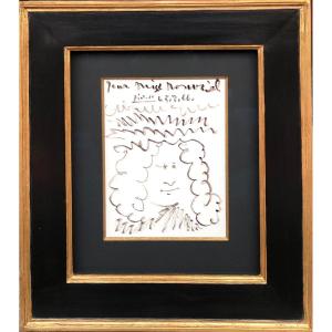 Picasso Pablo Self-portrait Felt Drawing Signed Dedicated To Miss Navel Dated 5.8.66 Certificate
