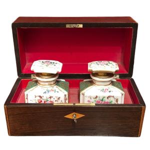 Tea Box 19th Century Louis Philippe Period Rosewood Lemon Tree Two Porcelain Bottles