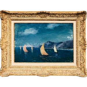 Cosson Marcel Painting 20th Sailboats Seaside Oil Panel Signed Certificate Of Authenticity