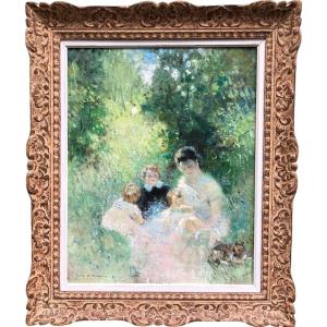 Herve Jules Impressionist Painting 20th Century Afternoon Family Oil Canvas Signed Certificate