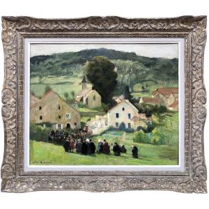 HERVE Jules Peinture Française 20è Langres Procession à Brevoines Huile Toile Signée Certificat