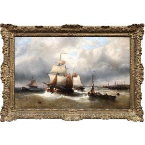 Musin François Belgian School 19th Century Marine Ships Leaving The Port Oil On Canvas Signed Certificate