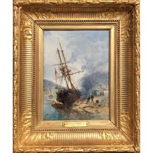 NOEL Jules Ecole Française 19è Voilier en cale 1872 Huile panneauSignéeCertificatd'authenticité
