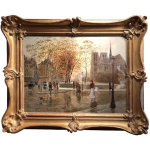 STEIN Georges Paris Animation à Notre Dame depuis les quais Huile Sur Toile Signée Certificat
