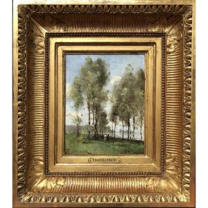 TROUILLEBERT Paul Desire Tableau 19è Ecole Barbizon Pêcheurs au bord de l'eau Huile toile signé