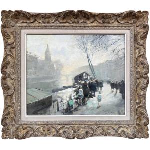 Herve Jules French Painting 20th Century Paris The Seine And Its Booksellers Oil On Canvas Signed Certificate