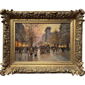 Edouard Cortés, Paris, Grands Boulevards, Porte St Denis At Dusk, Oil On Canvas, Signed, Certificate