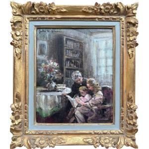 HERVE Jules Peinture impressionniste 20 Apprentissage de la lecture Huile ToileSignéeCertificat