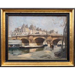 Pages Jules Ecole Américaine Paris Vue Du Pont Neuf Oil On Canvas Signed Certificate Of Authenticity