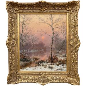 RIGOLOT Albert Ecole Française 19è Huile sur toile signée Paysage d'hiver en Sologne Certificat