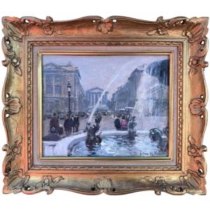 Herve Jules French Painting 20th Century Paris Animation Place De La Concorde Oil Signed Certificate